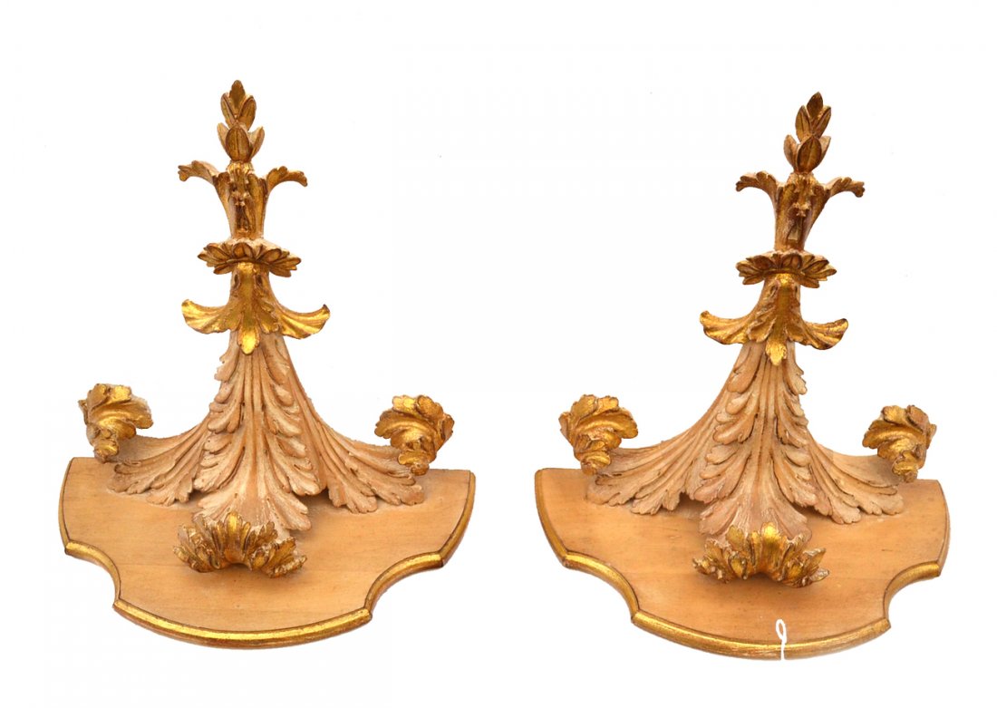 Pair Italian Brackets: Pair of gilt and painted wheat carved brackets. Overall good condition. 17 1/2" w x 19 1/2" h.