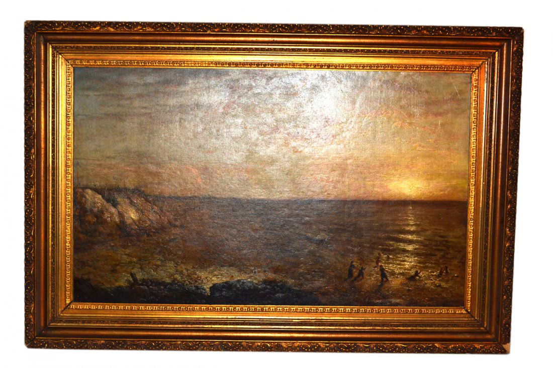 G. L. Brown - Beach Scene: George Loring Brown framed oil on canvas "Sunrise", view of the Jersey shore. Figures at the ocean, signed lower right. Minor paint loss. [Art: 25 1/2" x 40 1/2". Frame 32 1/4" x 38 1/2"].
