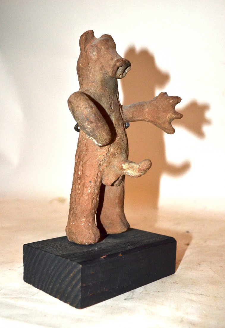 Pre-Columbian Earthenware Fertility Figure: Meso-American mythological animal/man figure in a standing full-length pose. Losses and wear, sold "as is". 4 1/2" w x 3 1/8" d x 7 3/4" h.