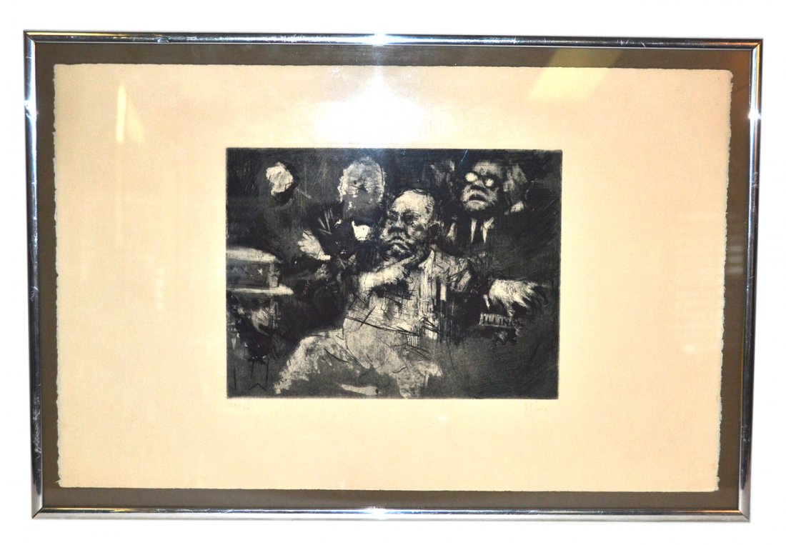 Mayor Daly Print: Framed print of Mayor Daly by Jack Levine during the riots of 1968. Signed lower right. [8 1/2" x 11" print, 17" x 25 1/2" frame]. Edition 73/120. Good condition.