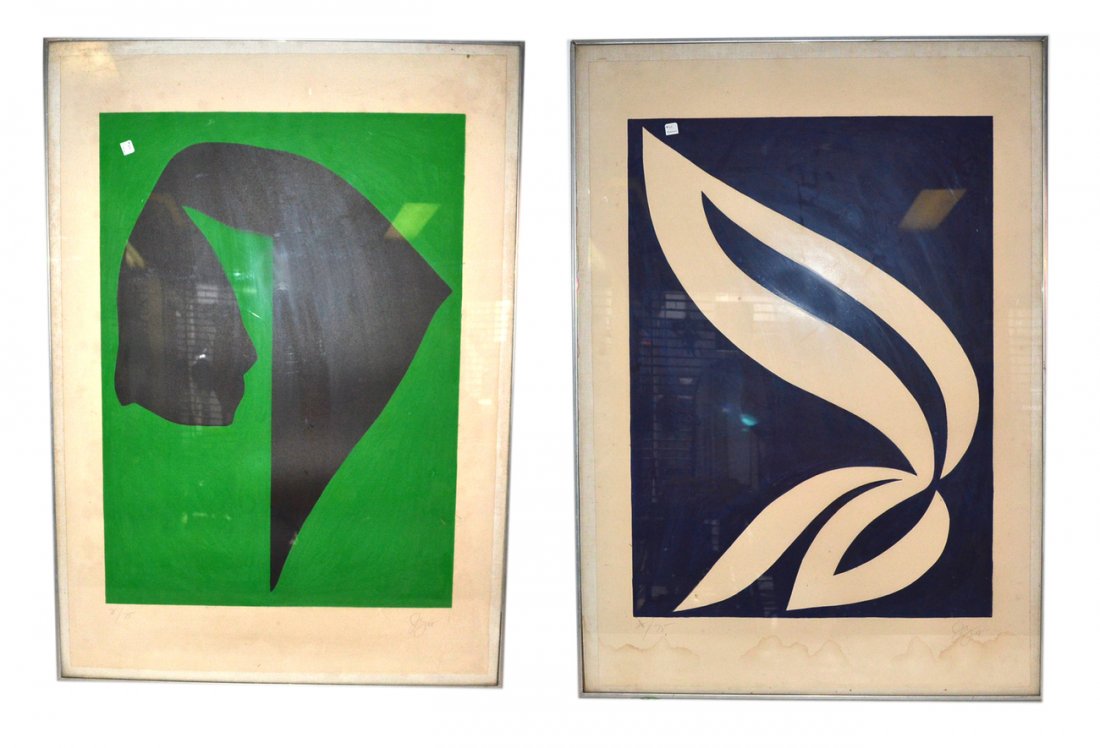 Jack Youngerman, Two Lithographs - Abstracts: Two lithographs, both inscribed and signed in bottom margin "J.Y. '68", one numbered "71/75" and the other "25/75". [Images 30" x 21 1/2" on large sheets with publisher's blind stamp at bottom left. F