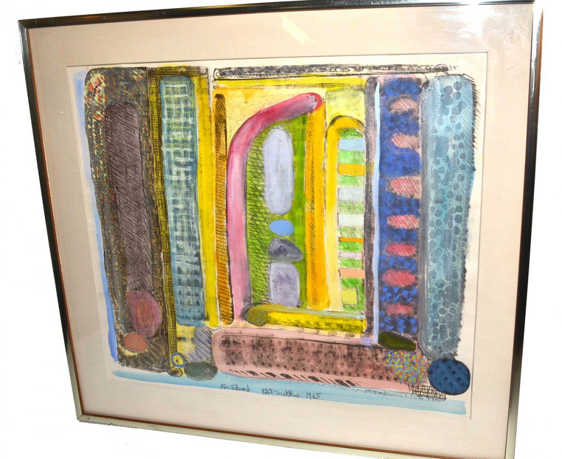 Robert Natkin, Embellished Lithograph - Abstract: Colorful abstract composition with patterned horizontal linear elements. Inscribed and signed at bottom center "For Edward/Robt. Natkin/1965" in pencil. [Art 20" x 22 3/4". Frame 26 3/8" x 28 5/8"].