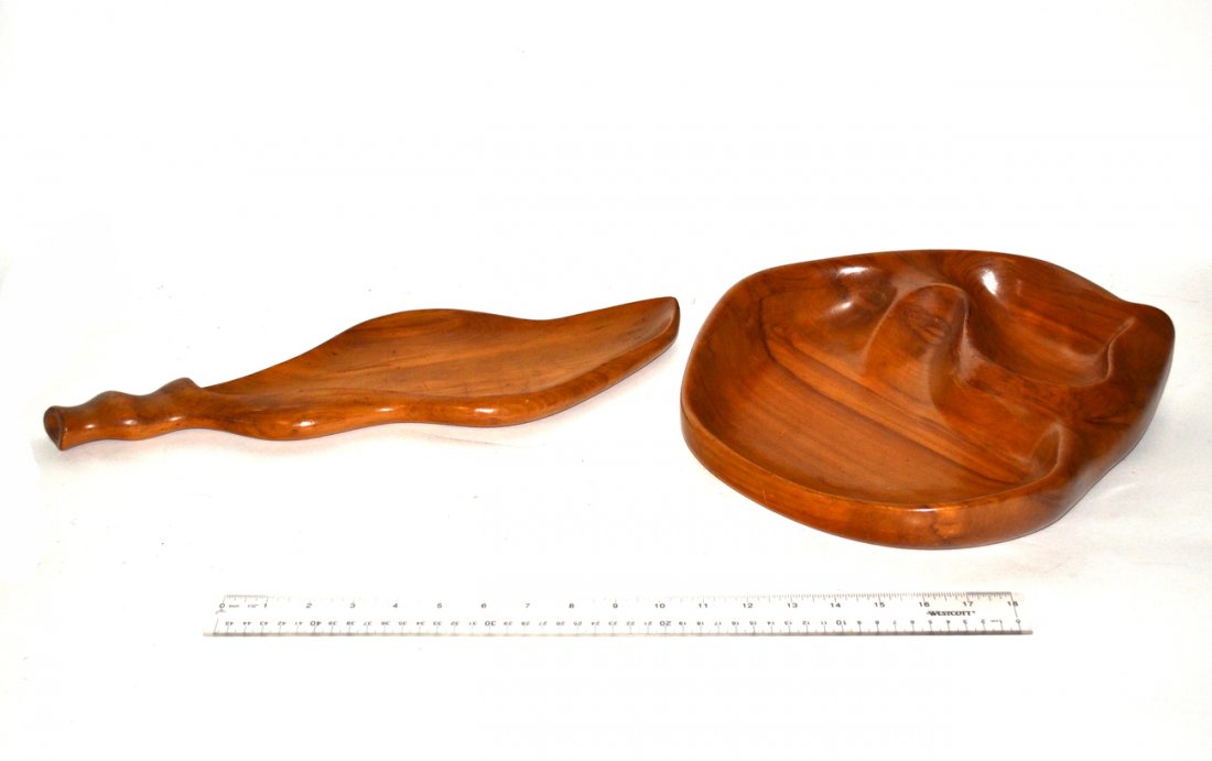 Oceana by Russel Wright, Two Carved Dishes: Two trays, from the Oceana collection branded "Russel Wright", with original labels [13 1/2"]. Largest [17"].