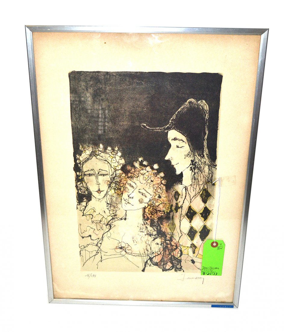 Jean Jansem Lithograph "Harlequin with Women": Stylized depiction of a smiling harlequin beside two smiling women. Numbered and signed in bottom margin "16/175 Jansem". [Art: 15 3/4" x 10 1/4"]. [Frame: 22 7/8" x 15 1/2"]. Age toning.