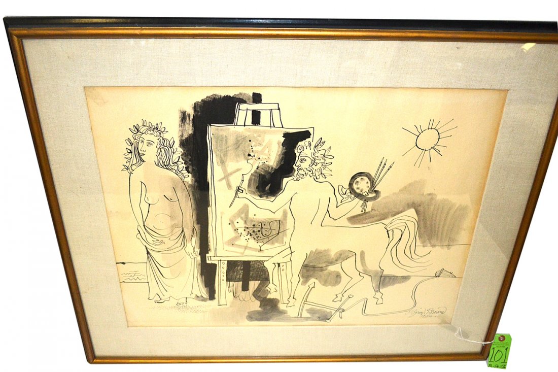 Byron Browne Pen & Ink "Centaur Artist & Model": Surreal composition with a centaur at an easel with a female model. Signed bottom right "Byron Browne/1954." [Image: 19 1/4" x 25 1/4"]. [Frame: 27 3/4" x 33 7/8"]. Toning, matte burn and minor pucker