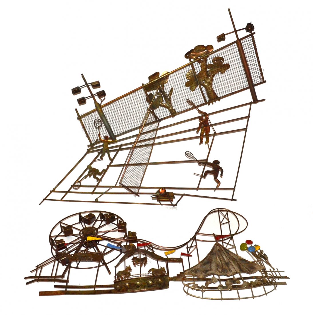 Two Sculptural Wall Appliques [Manner C. Jere]: Comprises 1) Circus theme applique with a merry go round, bumper cars, ferris wheel and other elements. [26 1/4" w x 14 1/2" h] 2) Double tennis scene with an umpire and night lights. [28" w x 25 1/2"