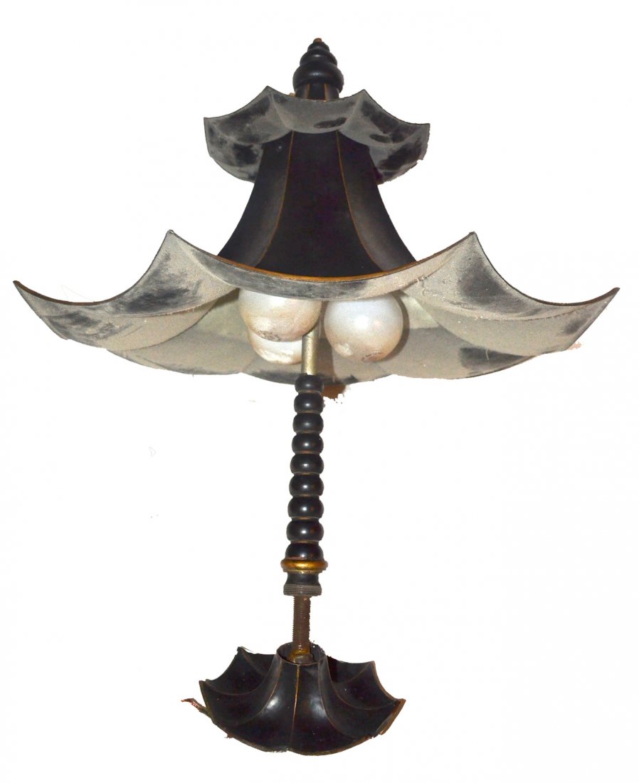 Painted Tole Flared Ceiling Fixture: Black painted ceiling fixture with scalloped edge. Bears three Edison-base sockets. [17 1/2" d x 20 1/2" h].