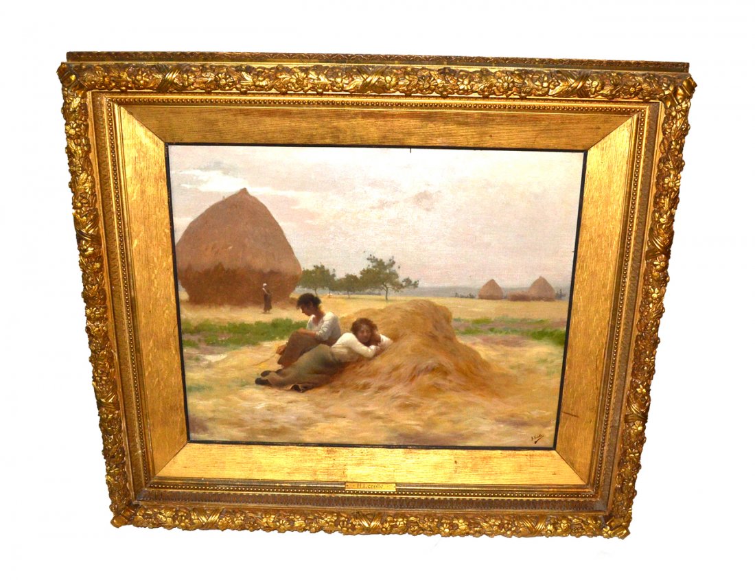 Henry Lerolle O/C "Daytime in the Rest Fields": Impressionist landscape composition depicting two young women at rest among large hay bales. Signed bottom right "H. Lerolle". [Art 23 1/2" x 28 3/4" contained in an ornate antique carved and gesso go
