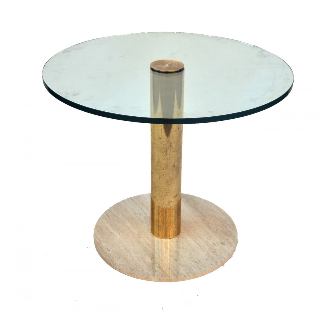Mid Century Modern Italian Brass and Glass Table: Composed of a circular glass top with straight cylindrical brass support on a conforming travertine base. [36" d x 30 1/4" h]. Brass surface worn with pitting.