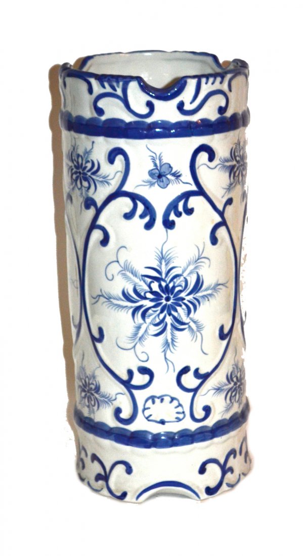 Blue and White Faience Umbrella Stand: In good condition. [20" high].