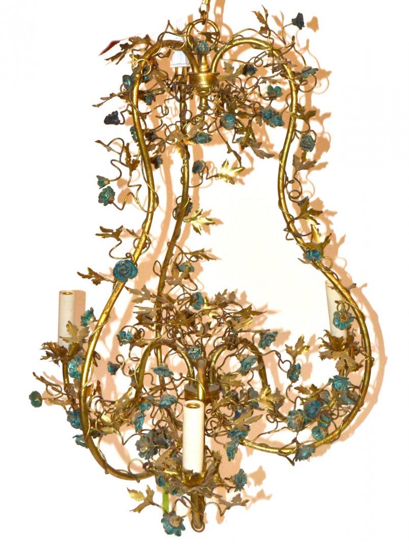 Gilt and Painted Metal Hanging Light Fixture: Having three lights and trailing flowering vines. In good condition. [22 1/2" high].