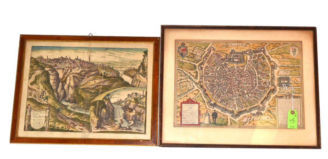 Two Antique Maps of Italian Cities: Comprise: 1) a map of Tivoli, dated 1578, "deping.Georgious Hoefnagle". Some foxing. [Art: 17 3/4" x 13". Frame: 21 1/4" x 16 1/2". 2) a map of Milan. Some light foxing but otherwise in good condition