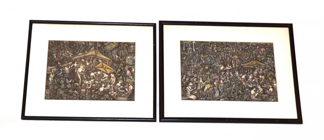 Pair of Balinese Figural Scenes: Both paintings "M.O. Labing, Batuan, Bali". [Art: 12 1/4" x 8 3/4". Frame: 18 1/4" x 14 1/4"].
