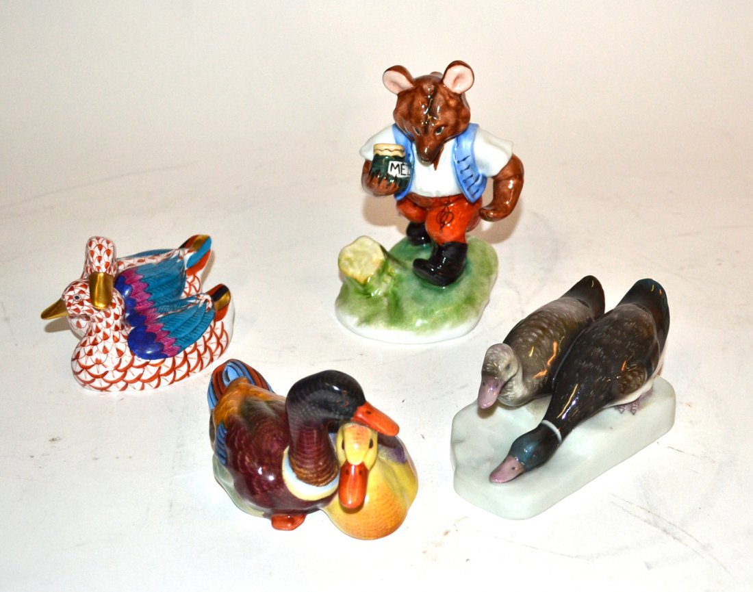 Four Herend and B. Bloch Porcelain Animals: Comprises: 1) Herend ducks with scale pattern and gold bills, 2) Herend ducks with orange bills, 3) Block & Co. mallard ducks, 4) Herend bar holding jar of honey. Tallest 5 1/8" high. All in good cond