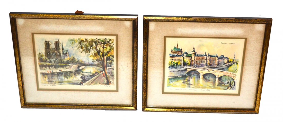 Pair of French Prints: Pair of Paris street scenes. [Art: 8" x 10". Frame: 16" x 14"].