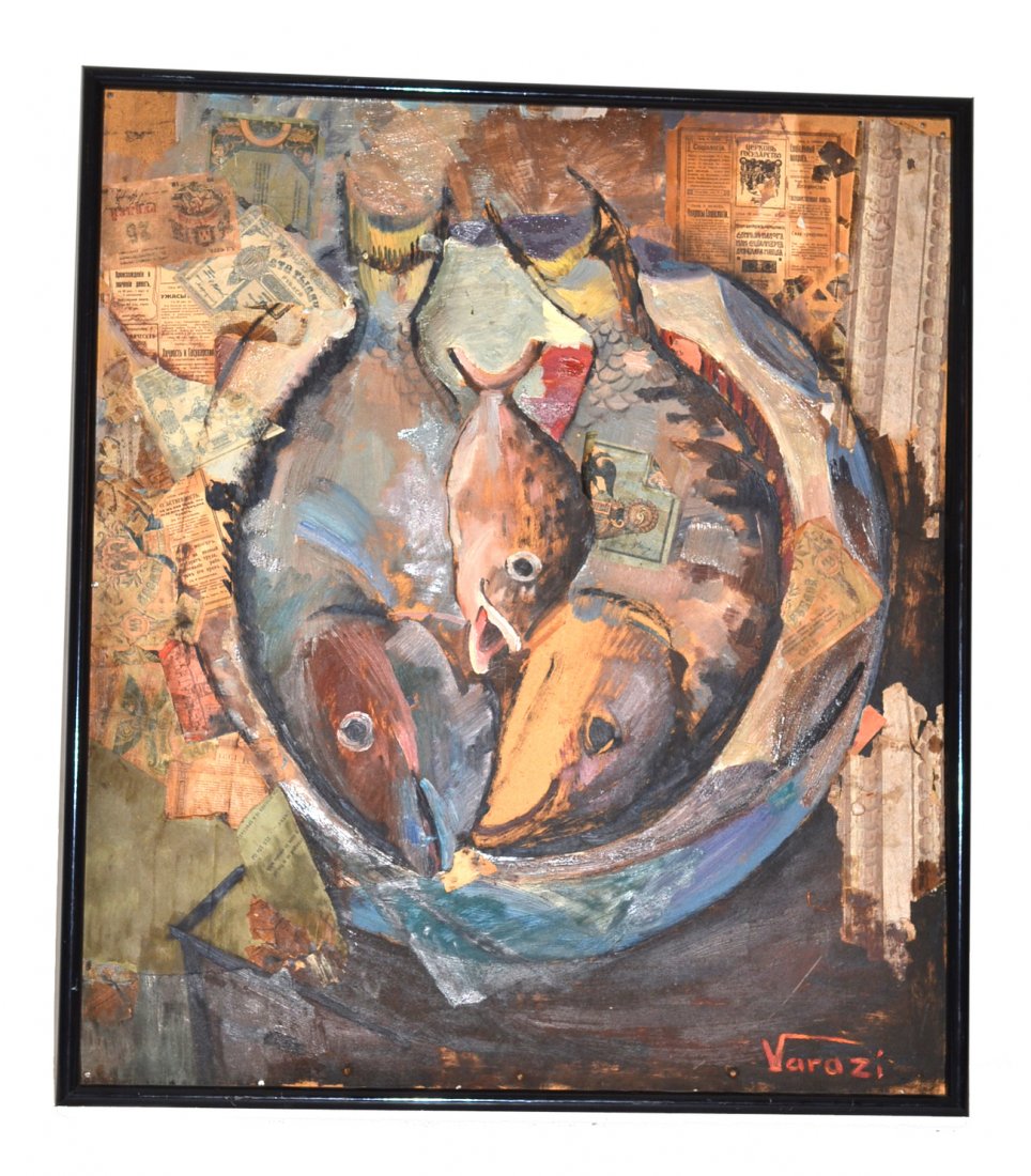 Varazi, Lika Collage 1989: Framed collage of fish, titled: "Religion in Society." Russian artist. Abrasions. [Art: 25" x 27"; Frame: 28" x 31 1/2"]
