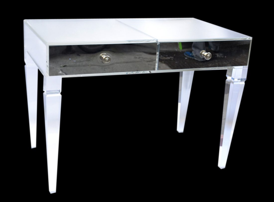 Modern Mirrored and Lucite Desk: Two-door writing table in the Louis XVI style. Light surface scratches. [42" w x 24" d x 30" h].