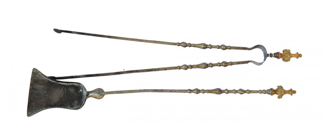 Pair of Iron Fire Tools: With brass finials, comprising tongs and shovel. [27 1/2" high].
