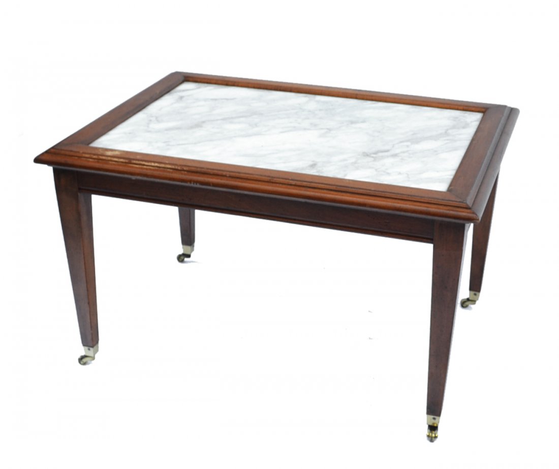 Marble Top Coffee Table: Fruitwood rectangular frame with inset white marble top. Some surface scratches. [29 1/4" w x 21 1/4" d x 18" h].