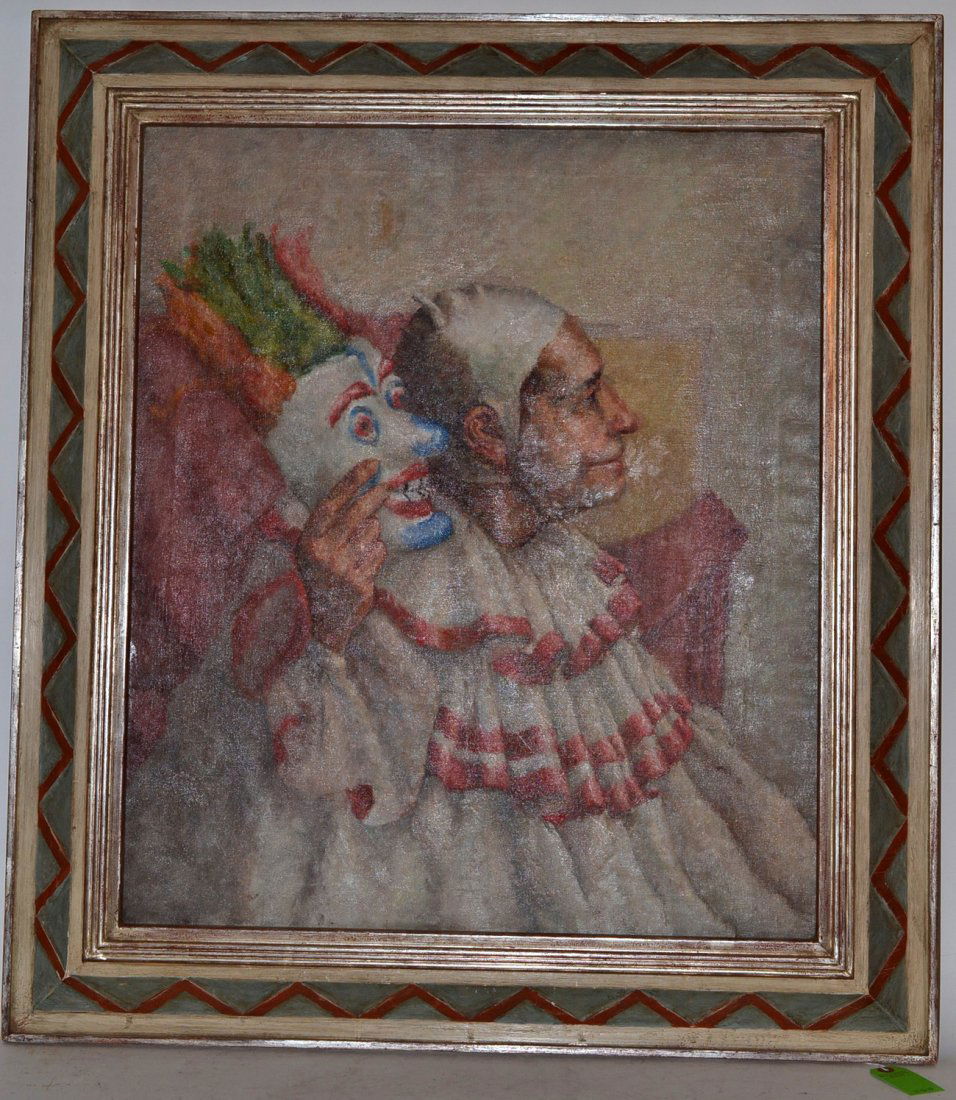 Robert Brackman - "Clown": Framed oil on canvas. Signed verso "E. Grant Brackman A.M.". Repaired, soiling. [Art: 24" x 28". Frame: 32" x 36"].