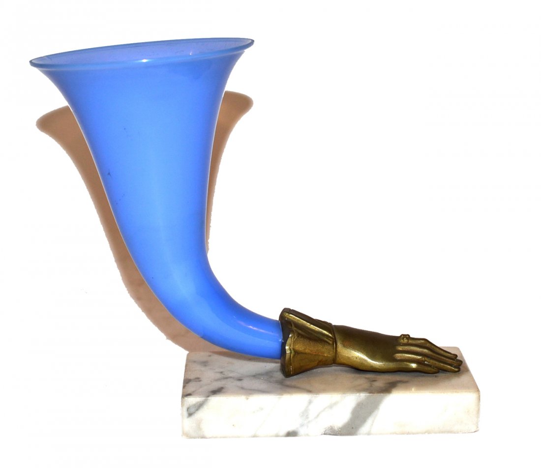 Glass and Brass Cornucopia Vase: Blue opaline glass having interior surface corrosion, otherwise in good condition. [7" high].