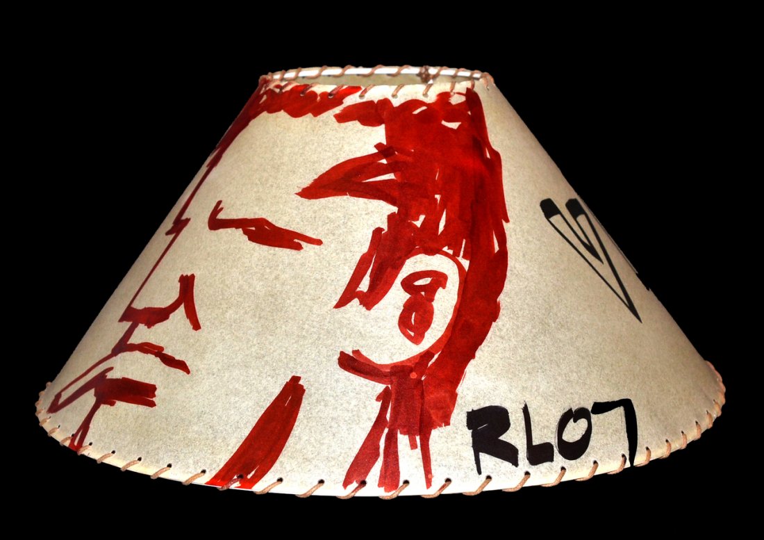 Robert Loughlin Painted Lampshade: Featuring a man's face in 3/4 profile with cigarette and "VISCONTI". Signed. In good condition. [16" d x 7 1/2" h].