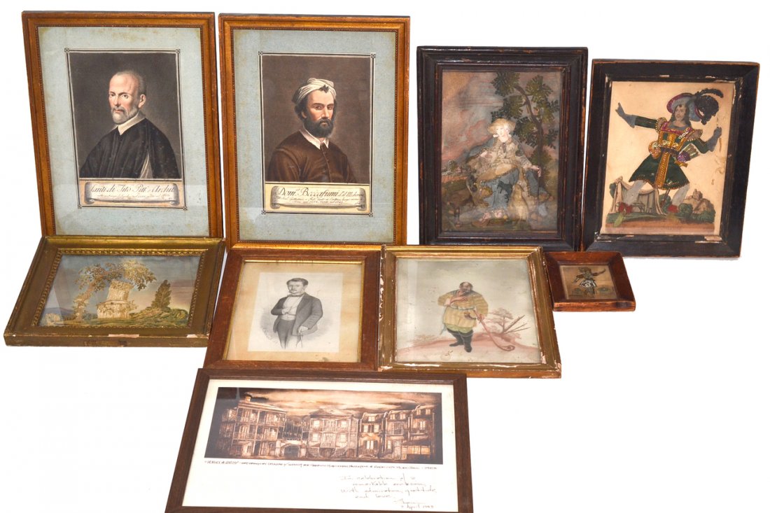 9 Antique Prints: Many embellished with needlework and beaded trims. Varying condition, most good to fair.
