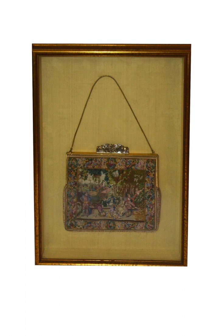 Petit-Point Handbag in Shadow Box Frame: In good condition. Frame [14 1/2" w x 19 1/2" h x 1 3/4" d].