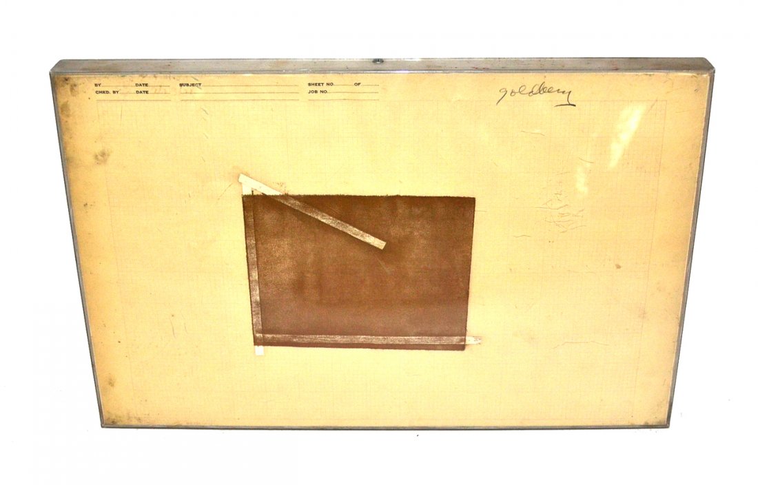 Michael Goldberg Collage - Untitled Abstract: Collage on printed graph paper with gold rectangle and plastic tape. Signed top right "Goldberg" in pencil. [Image: 11" x 17" in clear acrylic frame]. Age toning and minor buckling.