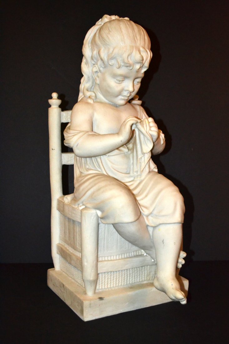Italian Marble Composition Sculpture of a Girl: Vintage depiction of a young girl in neoclassical garb seated upon a ladder back chair. Inscribed on back "Bicci-Fausto-Carrara". [10 3/8" w x 14" d x 24 1/2" h]. Soiling and smudges.