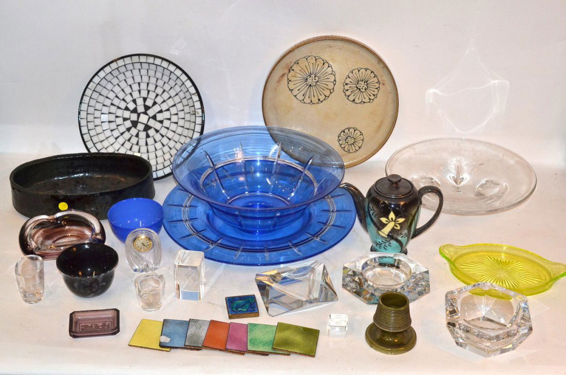 Assorted International Glass and Ceramics: Includes: Coalport, Stieff, Limoges, Savoy, and others. Comprises: figural caricature box, bowls, bronze mounted trays, teapot, stained glass rondo, and others. Conditions vary, all sold together "as