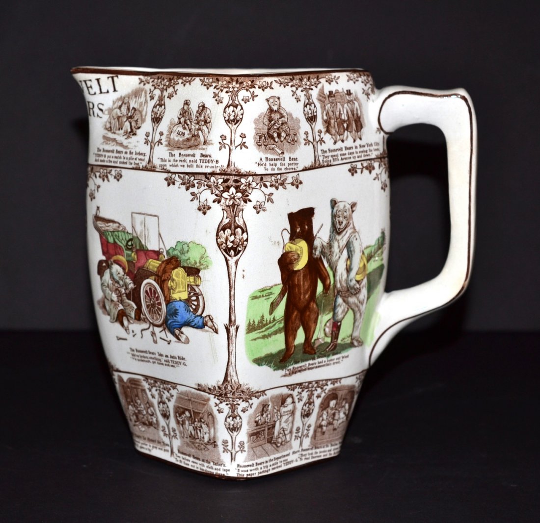 Buffalo Pottery Pitcher: American "Roosevelt Bears" decorated pitcher. Copyright Edward Stern & Co. [8" h x 4 1/2" x 8"]. Age crack.