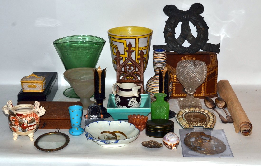 Assorted International Decorative Articles: Vintage and antique objects including: Japanese lacquered box, tole candlesticks, bronze door wreath, gilt stamped leather letter box, footed cut crystal vase, mid-century Italian ceramic foot vase, a