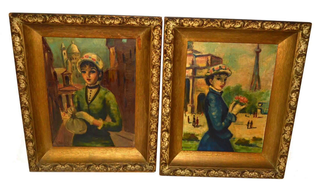 E. Arnot, Pair of Portraits: Pair of oil on canvases, two French portraits in Paris street scenes. Each signed lower left: "E. Arnot." Overall good condition.