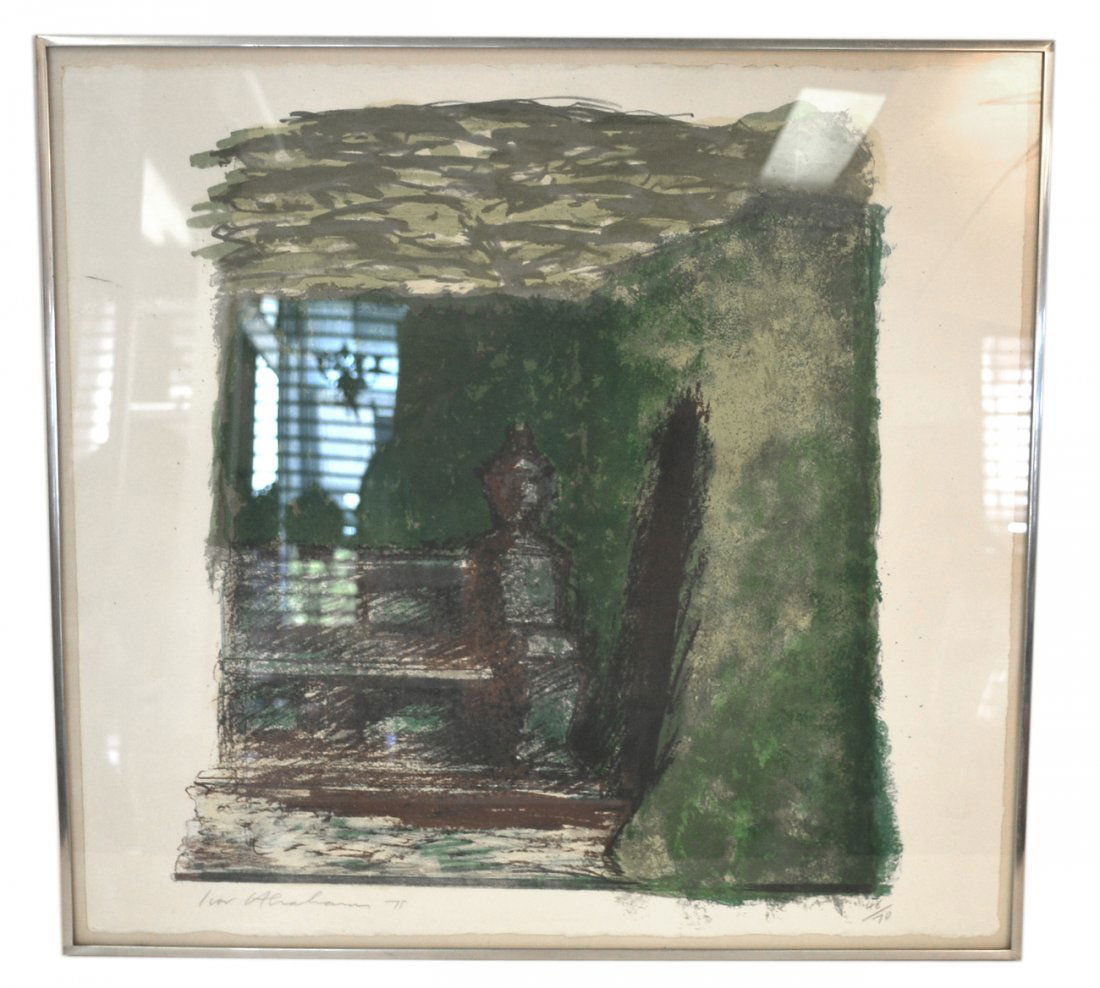 Ivor Abrahams Lithograph - Garden Scene: Semi-abstract depiction of an English garden wall and hedge. Signed in bottom margin "Ivor Abrahams '75 48/70". [Image 22 3/4" x 20 1/4" on sheet, 23 1/2" x 25 1/4". Frame 25 1/4" x 26 3/4"]. Good con