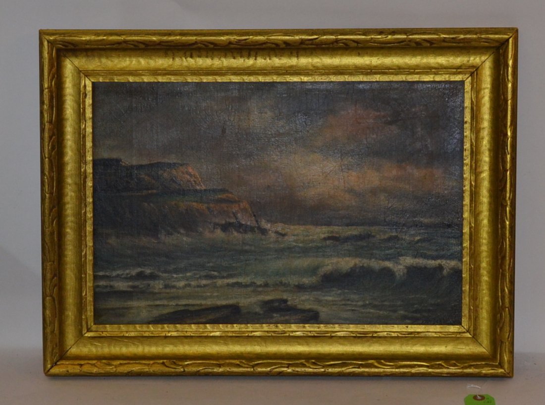 F. Vanschloss Oil on Canvas, Coastal Scene: Depicting a coastal scene with rough waters breaking against cliffs. [Art: 12" x 17 1/4". Frame 16 1/4" x 23"]. Craquelure, inpainting, few small cracks, relined.
