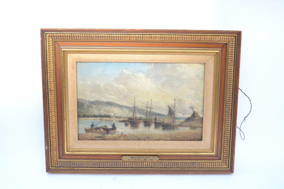 Sir Alfred Vickers (1786-1858), Oil on Canvas: Sir Alfred Vickers (1786-1858), "Barmouth". Oil on canvas depicting boats in a rural harbor. Signed "A. Vickers" bottom left and "John Taylor" on verso. Craquelure, tear at left, soiling, stretcher im