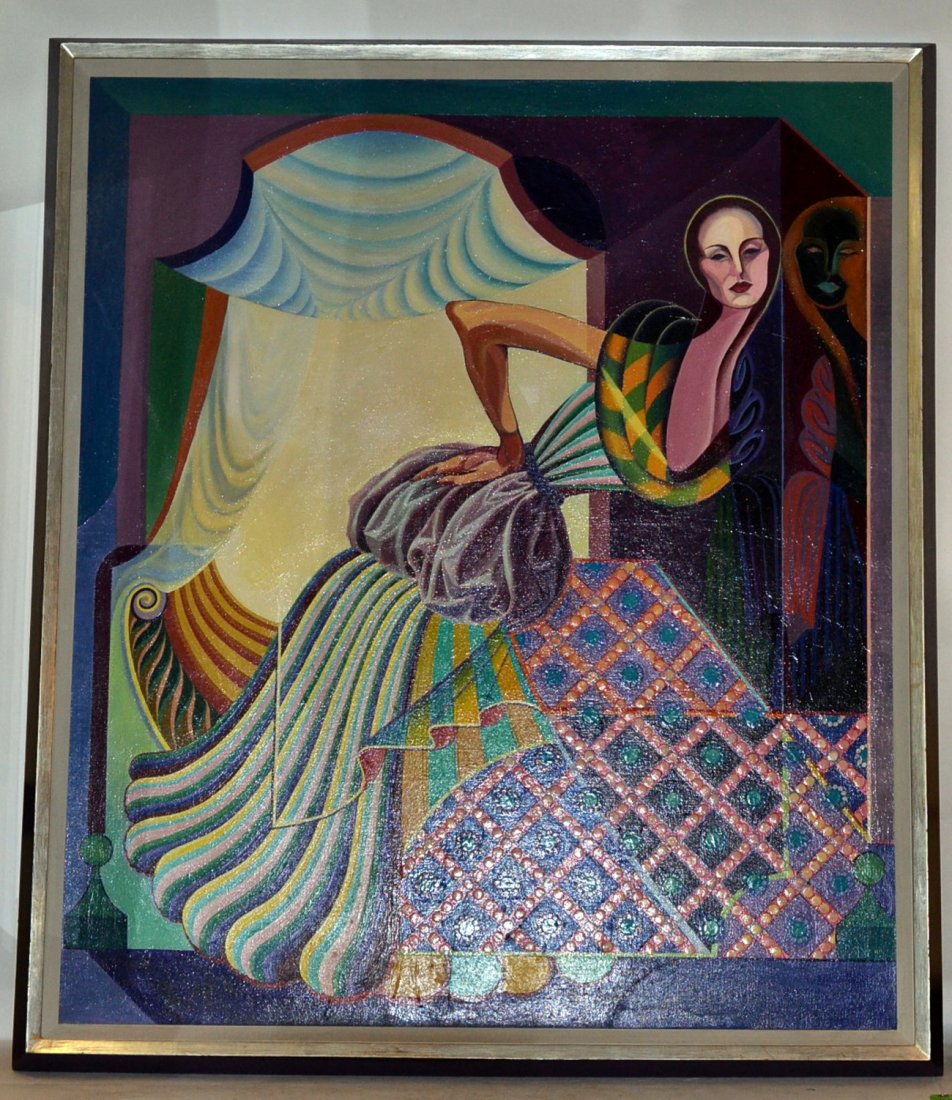 Oil on Canvas, Cubist Woman: Oil on canvas of a cubist woman in a theatrical setting. In good condition. [Art: 43" x 50". Frame: 48" x 54 3/4"].