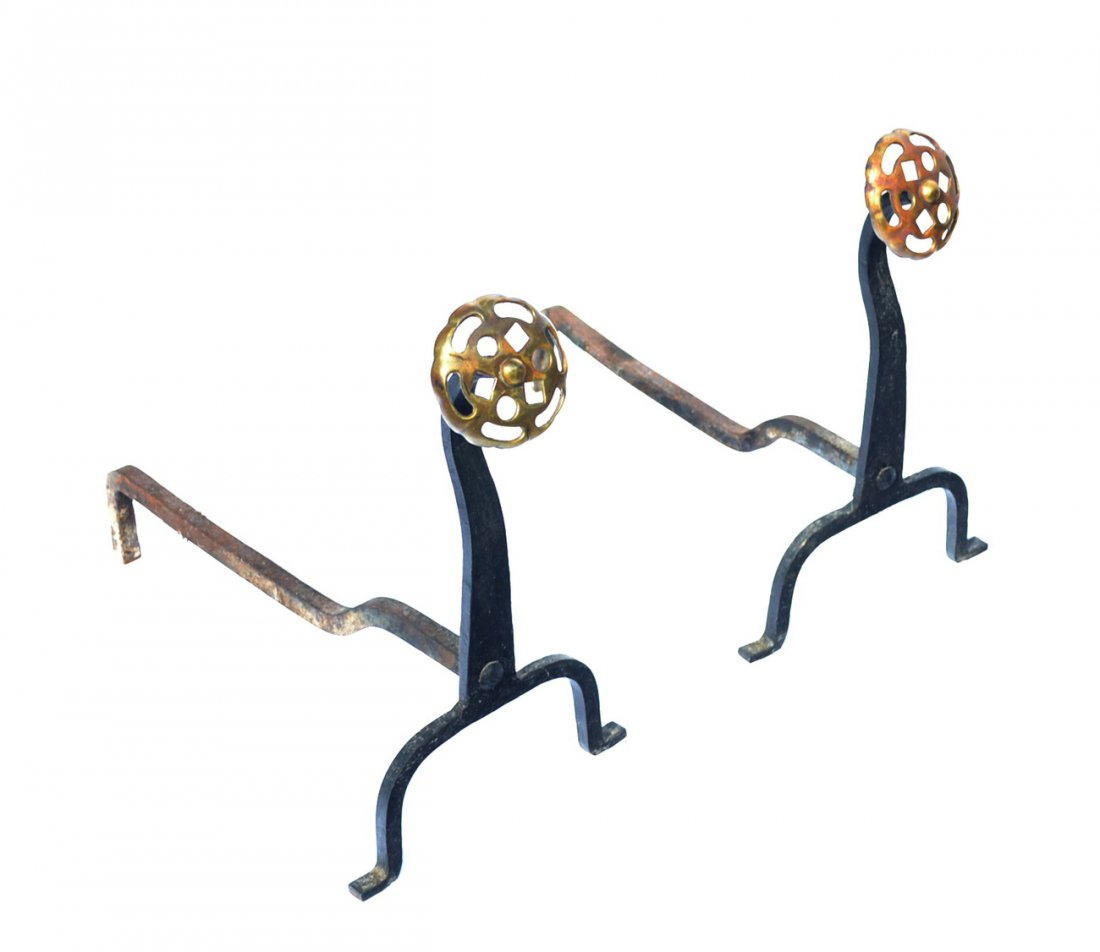 Pair of Rosette Form Andirons: Pair of iron and brass andirons. [18" h].