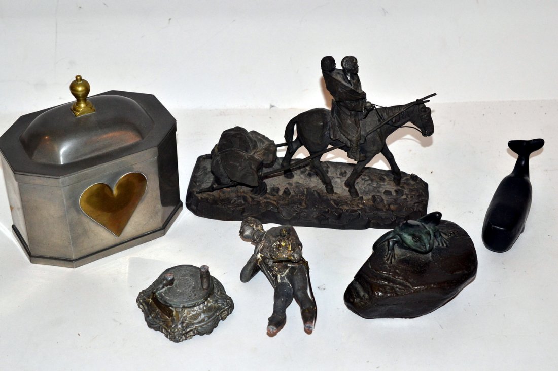 Mixed Metal Sculpture Lot: Comprises: pewter Native American group signed on base "copyright 1974 Philip Kracakowski". [8 3/4" w x 3 5/8" d x 6 1/4" h], bronze frog mounted on stone and signed illegibly. [4 1/2" w x 3 1/8" d x 