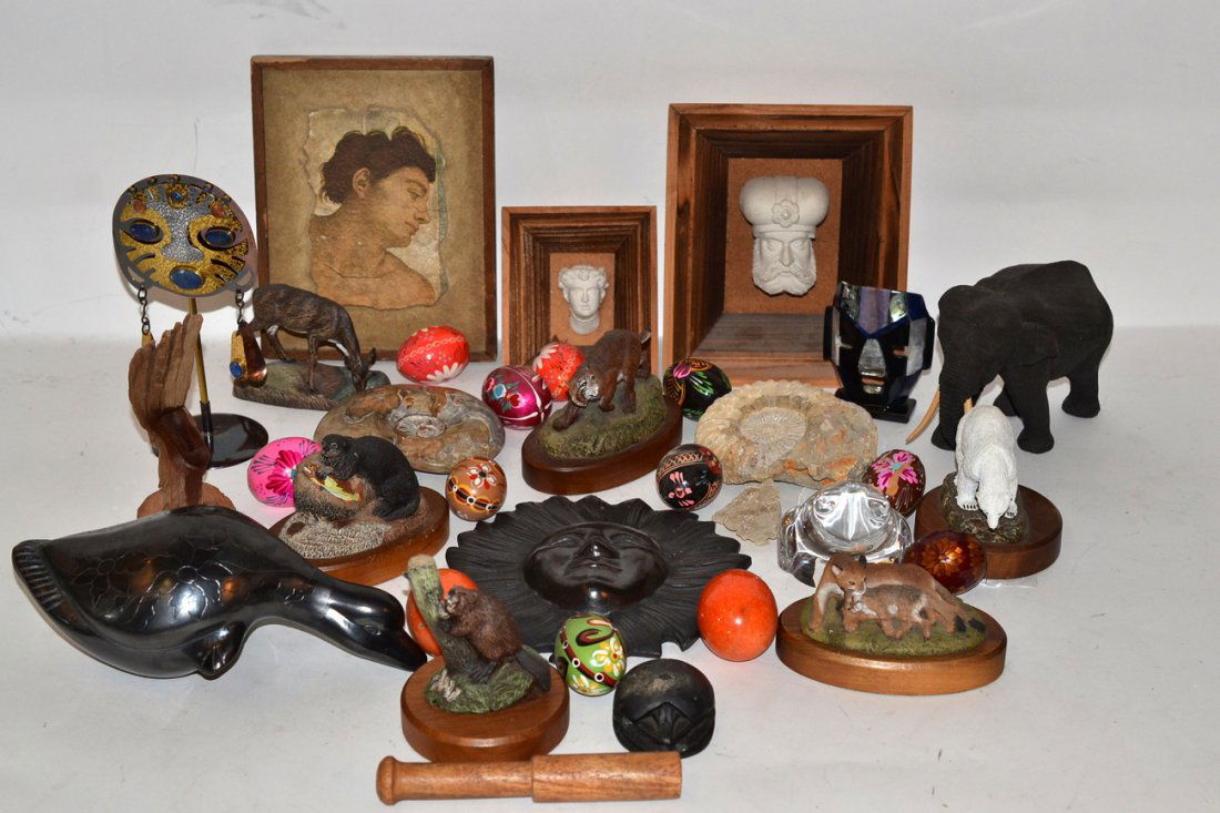 Assorted Decorative Articles - Figural & Animal: Comprises: 6 Hamilton "American Wildlife Collection" figures, Asian ceramic duck, carved wood elephant, orrefors crystal frog, 10 Russian decorated wood eggs, 2 orange hard stone eggs, 2 fossilized na
