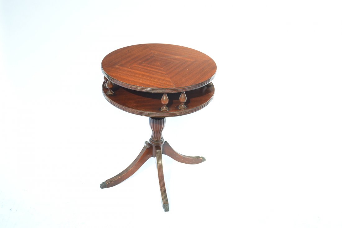 Mahogany Drum Table: Made by the Wurlitzer Co. [20" d x 24" h].
