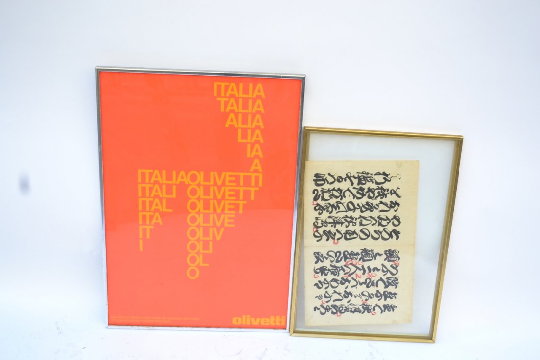 Three Framed Works on Paper: Comprises 1) Vintage Indonesian calligraphic manuscript leaf. [18" x 11 1/4". Frame 22 1/4" x 15 1/4"] 2) Modern typographic poster for Olivetti. [26 1/2" x 18 1/2". Frame 27 1/4" x 19 1/4"]. 3) Ludwi