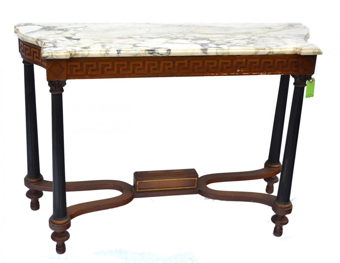 Classical Marble Top Console: Fruitwood and ebony console. [42" l x 15" d x 29" h].