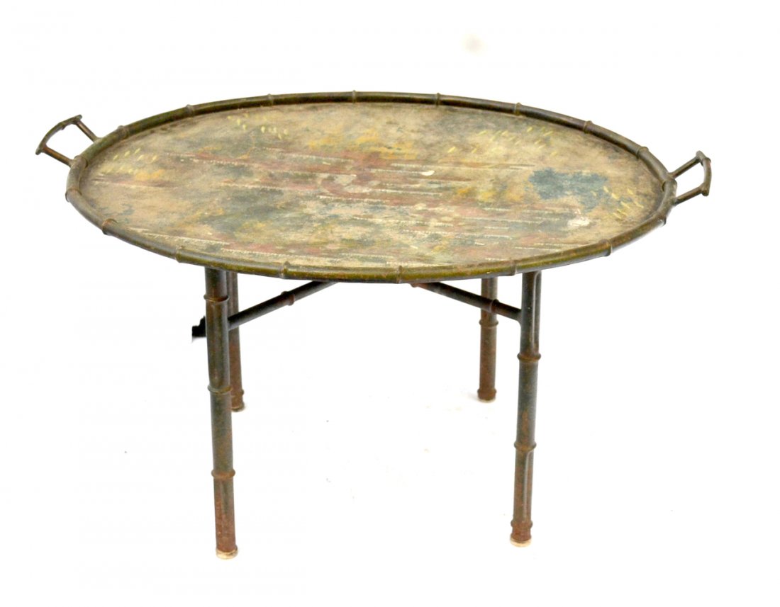 Tole Tray-Top Table: Chinoiserie decorated tray top stand. [34" x 27" x 19 1/2" h].