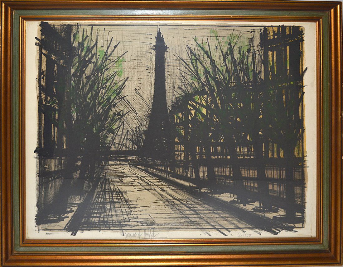 Bernard Buffet, Color Litho -Paris, La Tour Eiffel: 1962 semi-abstract image. Signed in bottom margin: "Bernard Buffet," in pencil and numbered "33/150." Printed by Mourlot, Paris. Light foxing in right margin. [Sight: 21 1/2" x 26 1/2"; Frame: 25 3/4"
