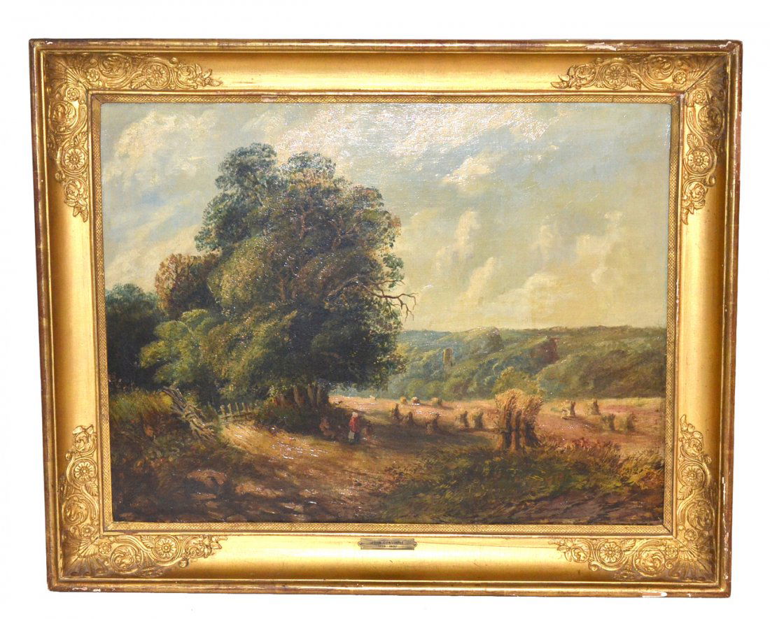 After John Constable, Oil on Canvas: Oil on canvas landscape depicting figures at the edge of a field containing multiple haystacks. Signed bottom left "J. Constable". Relined. Light craquelure, tobacco stains, and losses at extreme bott