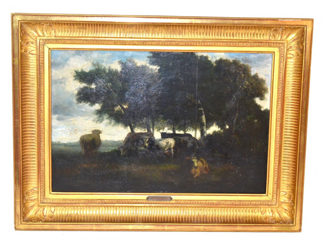 After Theodore Rousseau, Oil on Board: Oil on board landscape. Depicts six cows under a stand of trees near a stream with open field in background. Signed bottom left "Th. Rousseau". Contained in giltwood frame with cradle back. Areas of c