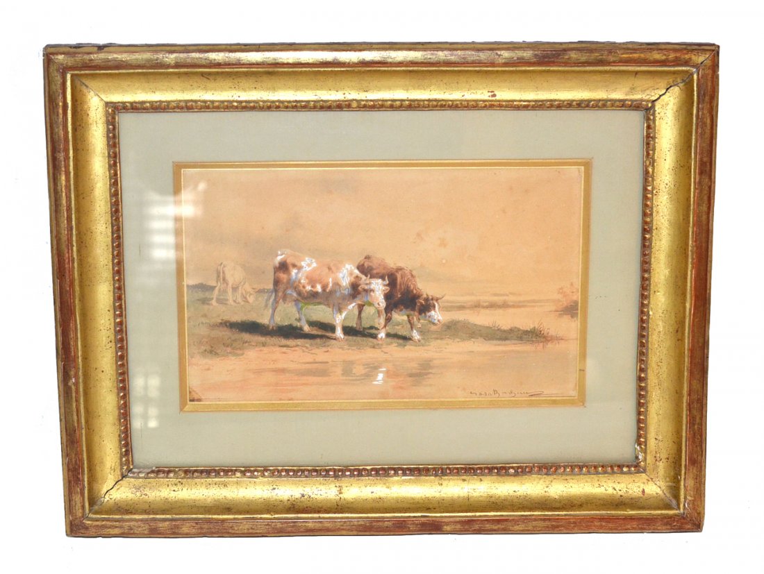 Rosa Bonheur, Watercolor and Gouache: Watercolor and gouache depicting two grazing cows at water's edge with another in background. Signed bottom right "Rosa Bonheur". Double matted and contained under glass in a gilt-wood frame. Toning, 