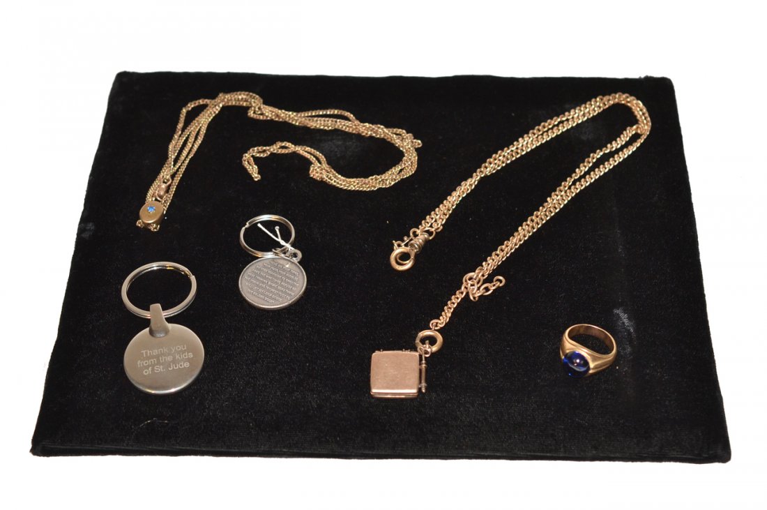 14k Yellow Gold & Sapphire Ring and Others: Comprises 1) 14k yellow gold men's ring with large cabochon sapphires 2) Liberty Island and St. Jude hospital medallion key chains 3) Vintage gold-tone pocket watch chain with locket 4) Double strand 